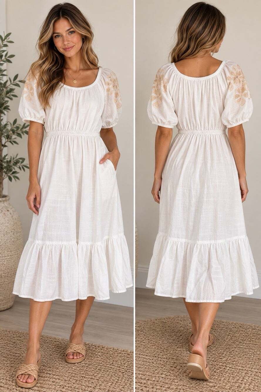 Knox Rose White Embroidered Puff Sleeve Tiered Midi Dress Boho Cottagecore M